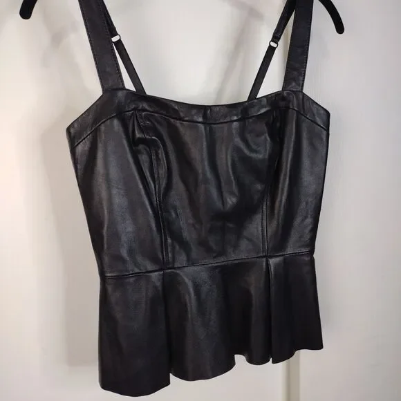 Bebe Genuine Leather Peplum Spaghetti Strap Biker Top Womens XS Black Soft - Picture 2 of 10